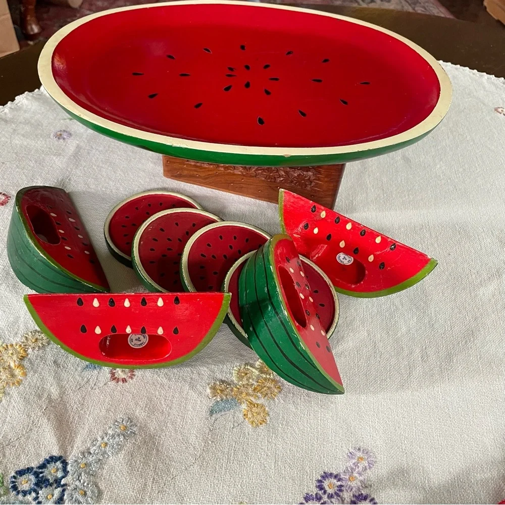 Vintage Wooden Watermelon Cocktail Tray Set. 4 Coasters & 4 Napkin Holders. 14